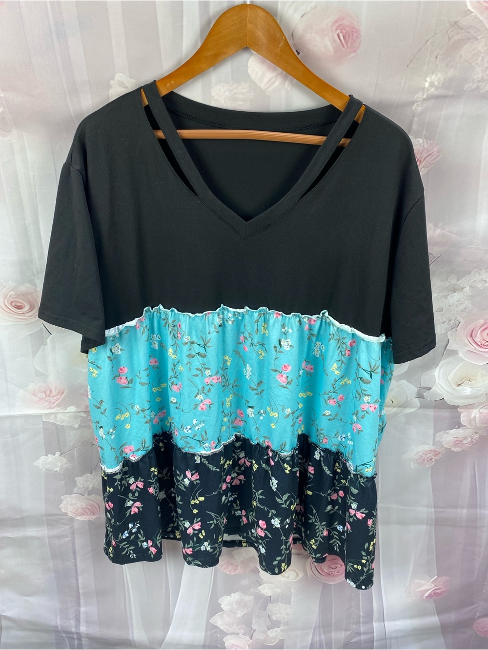 Black & Aqua Floral V-Neck Tiered Women's Top